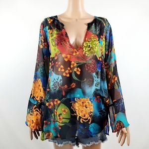 Chicos 100% Silk Colorful Floral Sheer Top